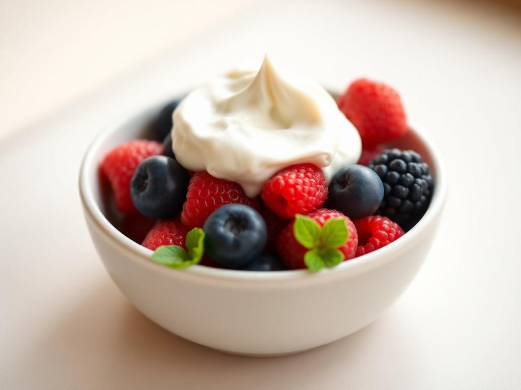 Fresh raspberries and blackberries topped with vanilla whipped cream in small glasses