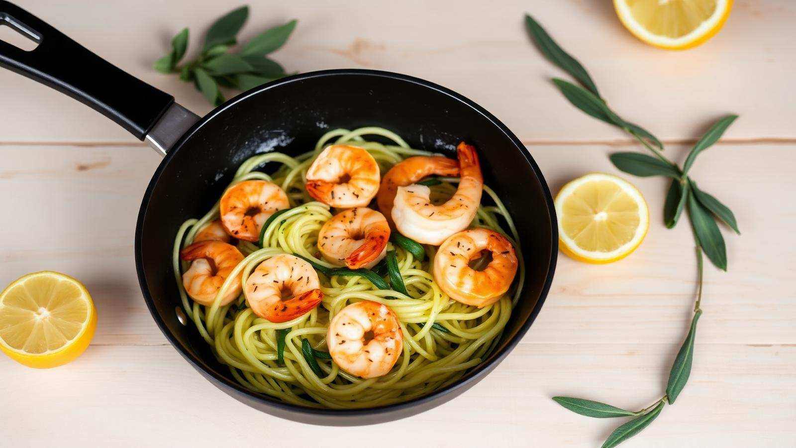 A skillet of garlic butter shrimp with zucchini noodles and lemon on a light wooden table