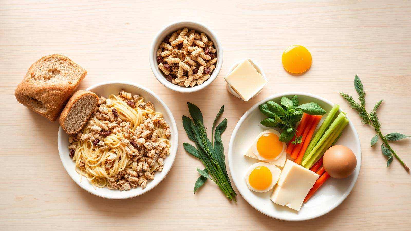 Bread, pasta and cereal set beside eggs, cheese and fresh vegetables on a light wooden table