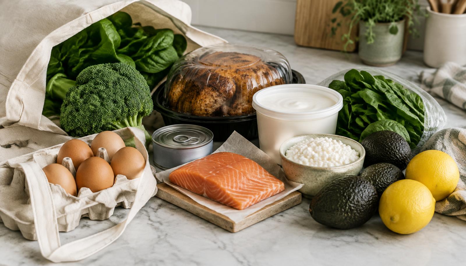 Groceries on a kitchen counter: eggs, rotisserie chicken, canned tuna, salmon, Greek yogurt, cottage cheese, broccoli, spinach, avocados and lemons