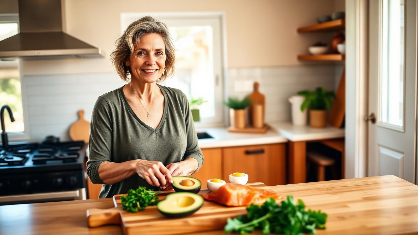 A woman in her late forties preparing a simple low-carb meal with fresh vegetables and salmon in a sunlit kitchen