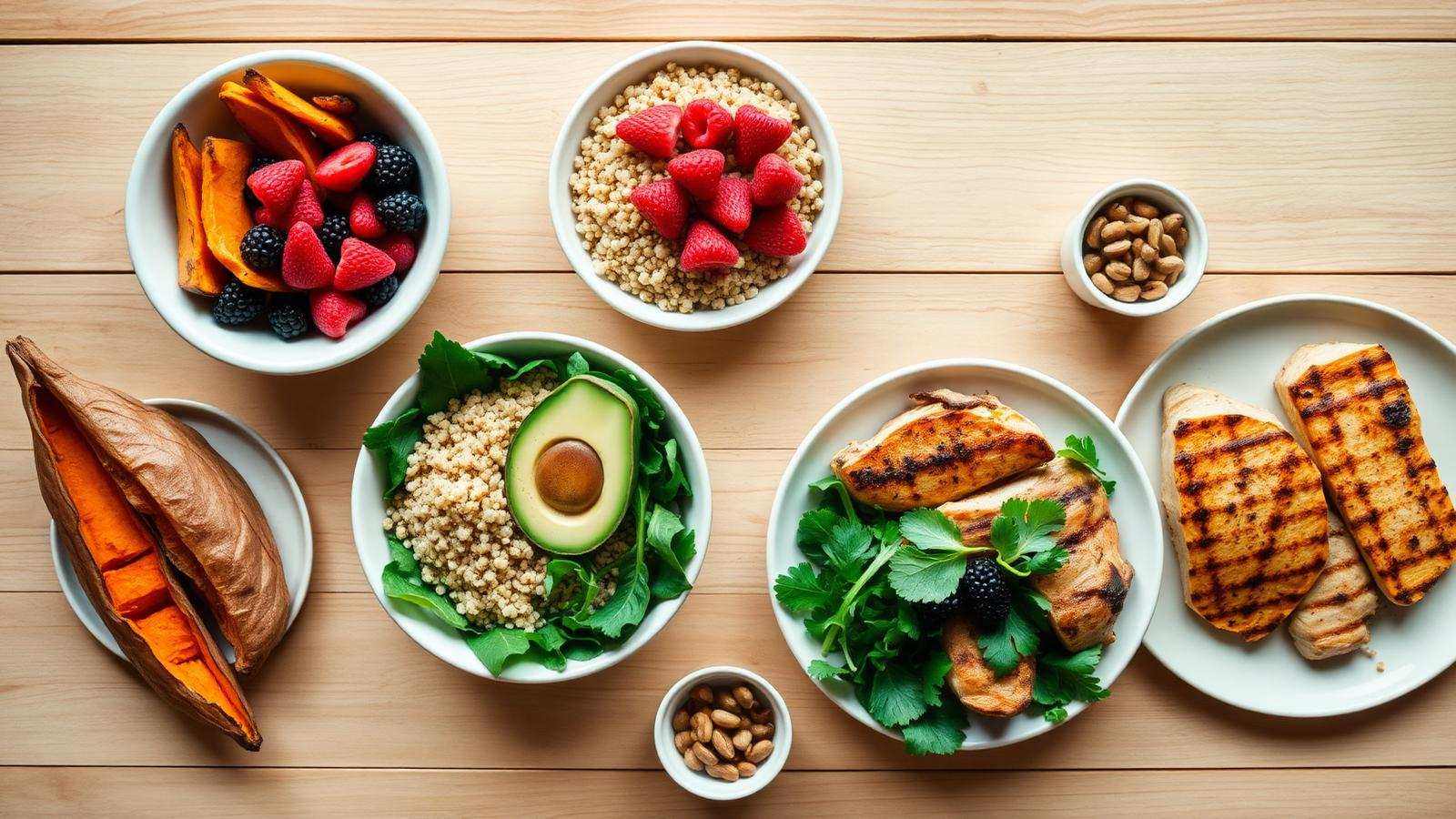 A spread of balanced whole foods on a wooden kitchen table, including sweet potatoes, quinoa, berries, avocado, and grilled chicken
