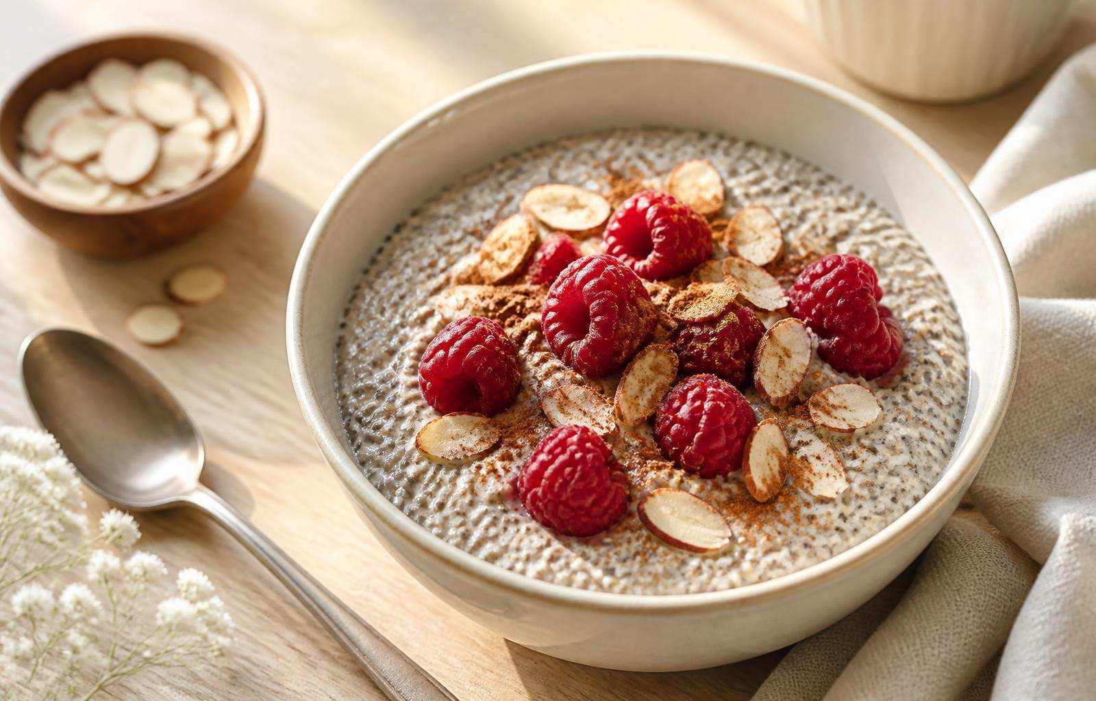 A warm bowl of keto oatmeal made with chia and flax, topped with raspberries and almonds