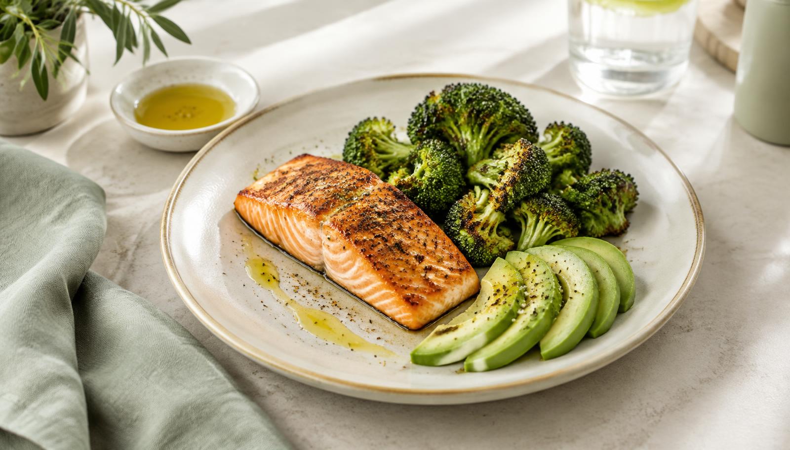 A plate of seared salmon, roasted broccoli and sliced avocado with a small dish of olive oil