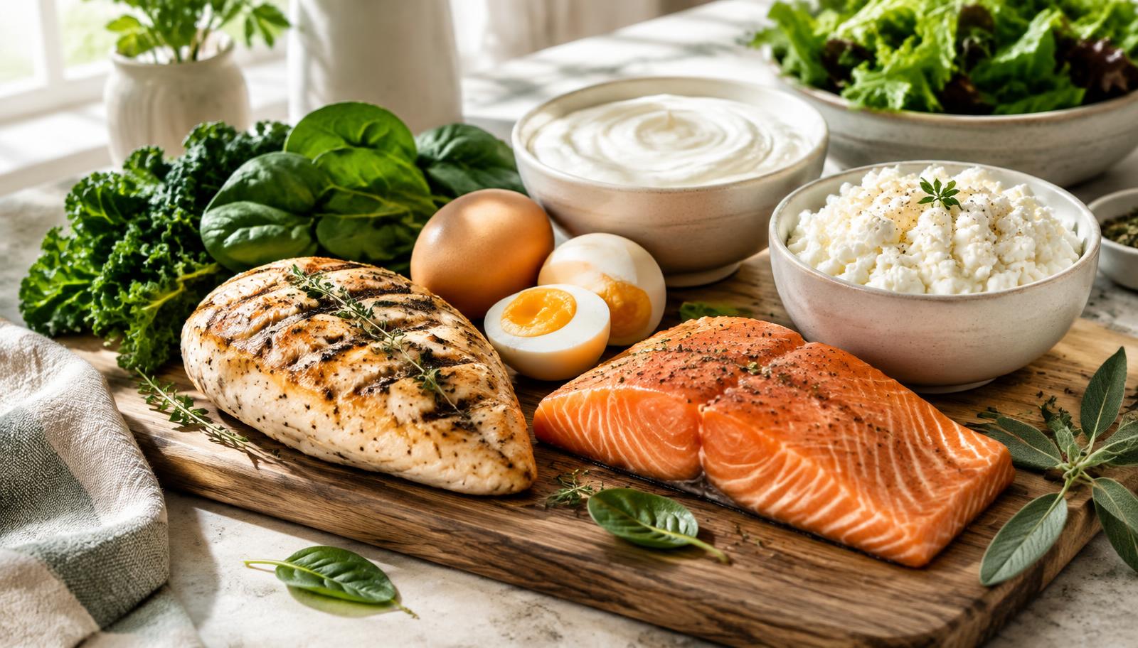 A wooden board with grilled chicken, salmon, eggs, Greek yogurt, cottage cheese and leafy greens