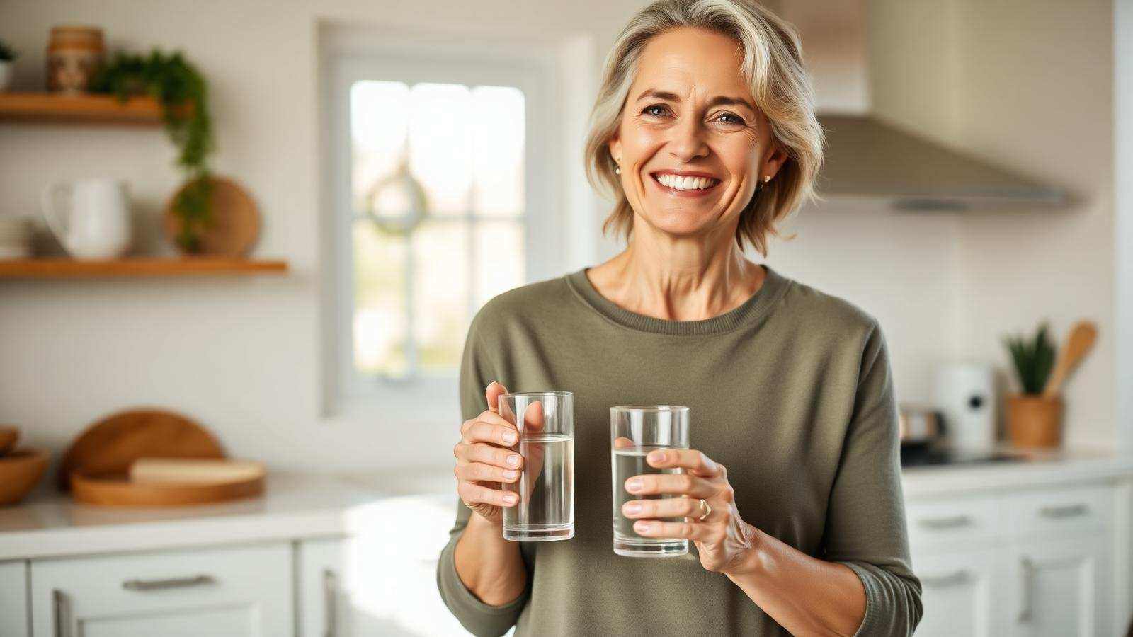 A woman in her fifties smiling with a glass of water in a bright kitchen