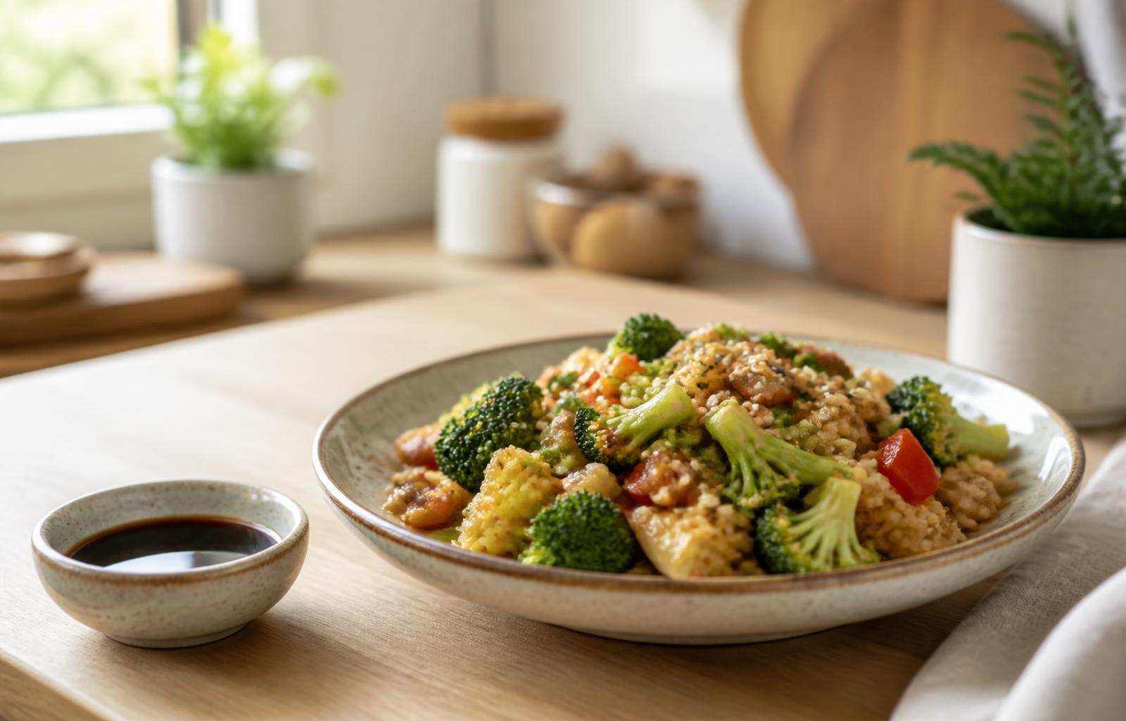 A small bowl of soy sauce beside a low-carb vegetable stir-fry with cauliflower rice