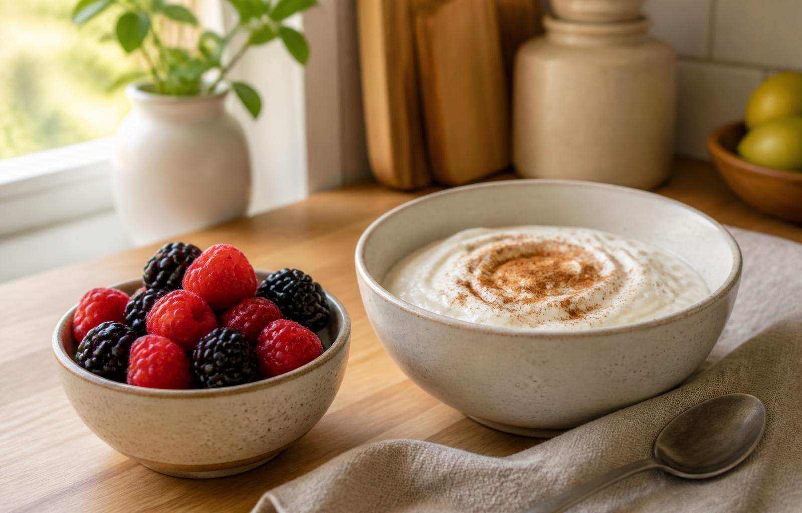 A bowl of fresh berries and plain Greek yogurt with cinnamon on a kitchen counter