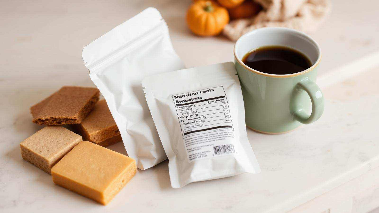 Low-carb sweeteners and a nutrition facts label beside a cup of coffee on a light counter