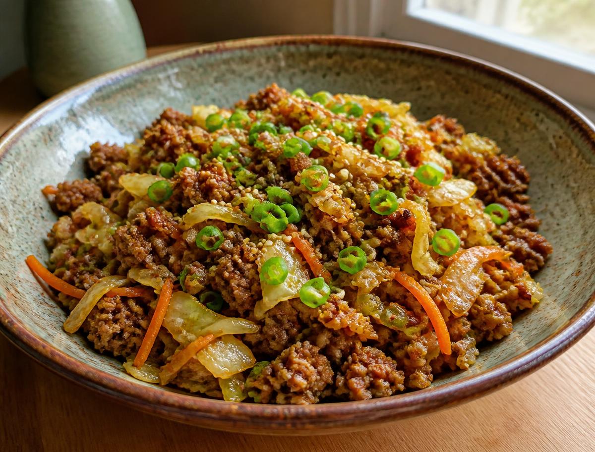 Shallow ceramic bowl filled with seasoned ground meat, sautéed cabbage and carrots, topped with sliced green onions and sesame seeds