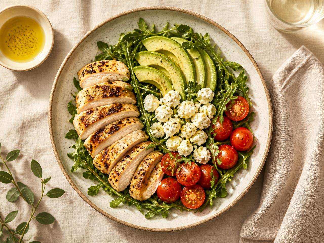 An overhead keto plate with chicken, avocado, greens and tomatoes