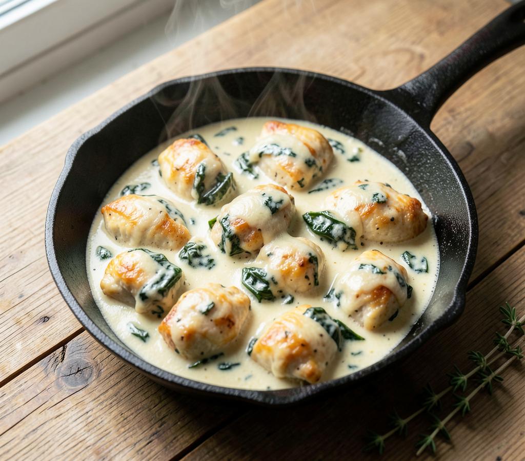 Golden chicken pieces in a creamy garlic Parmesan sauce with wilted spinach in a cast-iron skillet