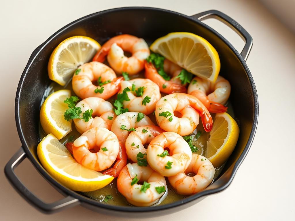 Shrimp cooked in garlic butter with parsley in a hot skillet