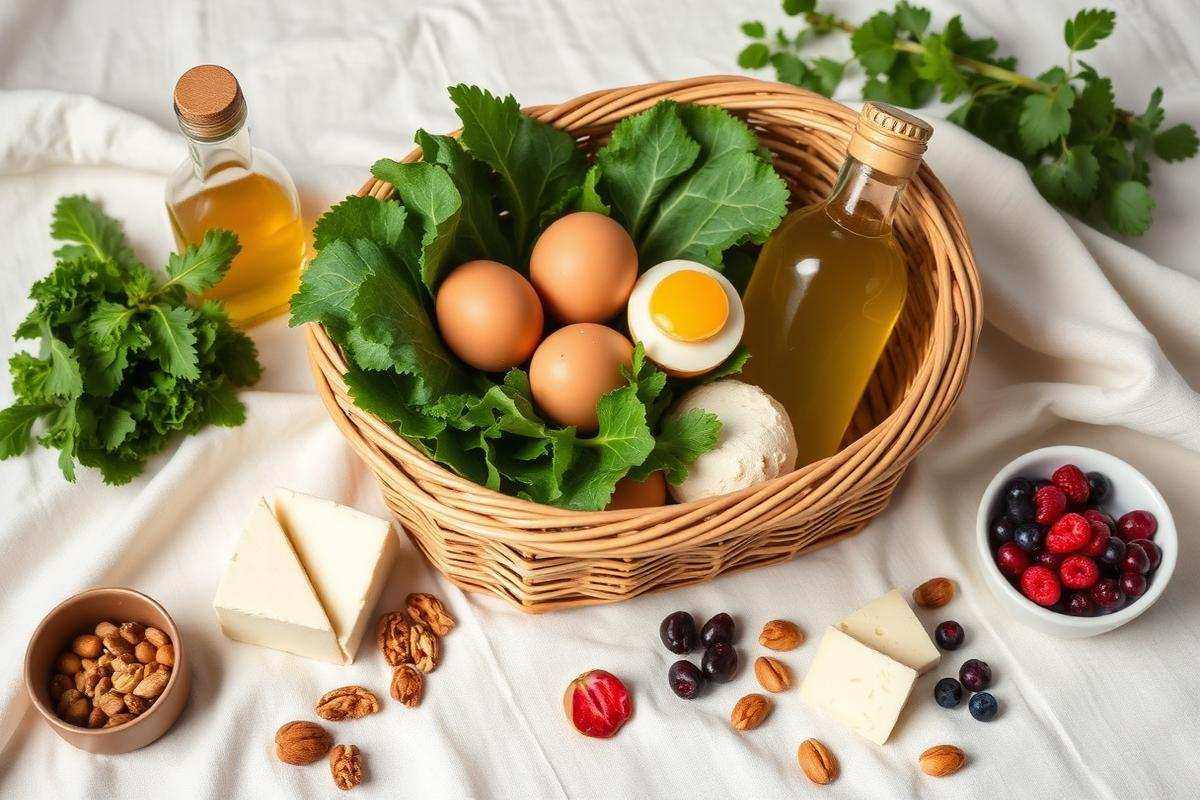 A grocery basket filled with fresh keto-friendly produce and proteins