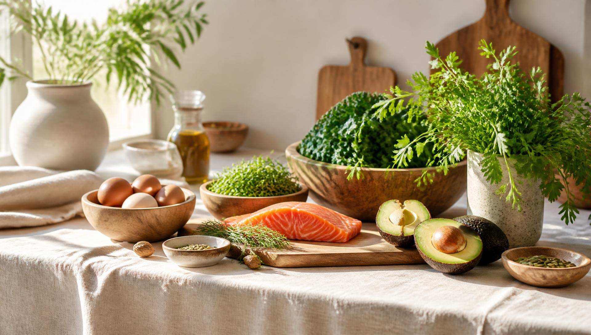 A sunlit kitchen counter with greens, eggs, avocado and salmon