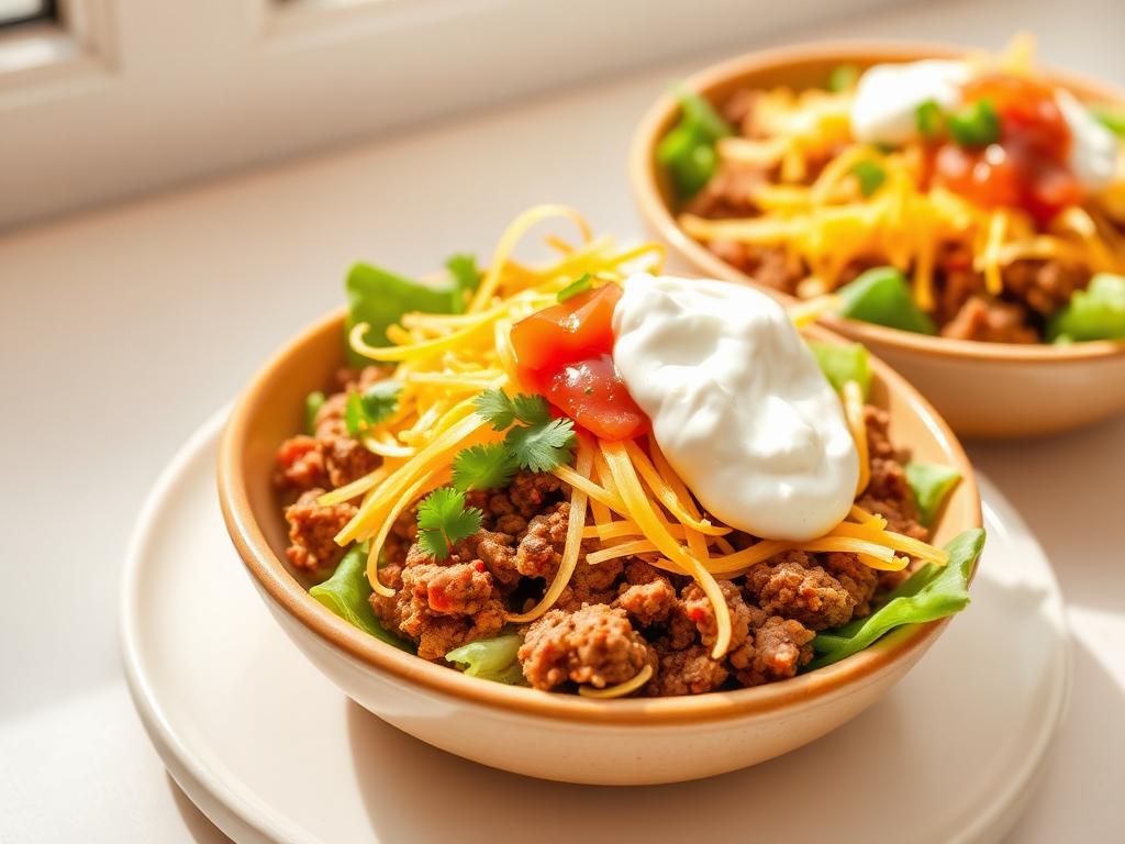 Keto taco bowls with seasoned ground beef, lettuce, cheese, avocado and salsa