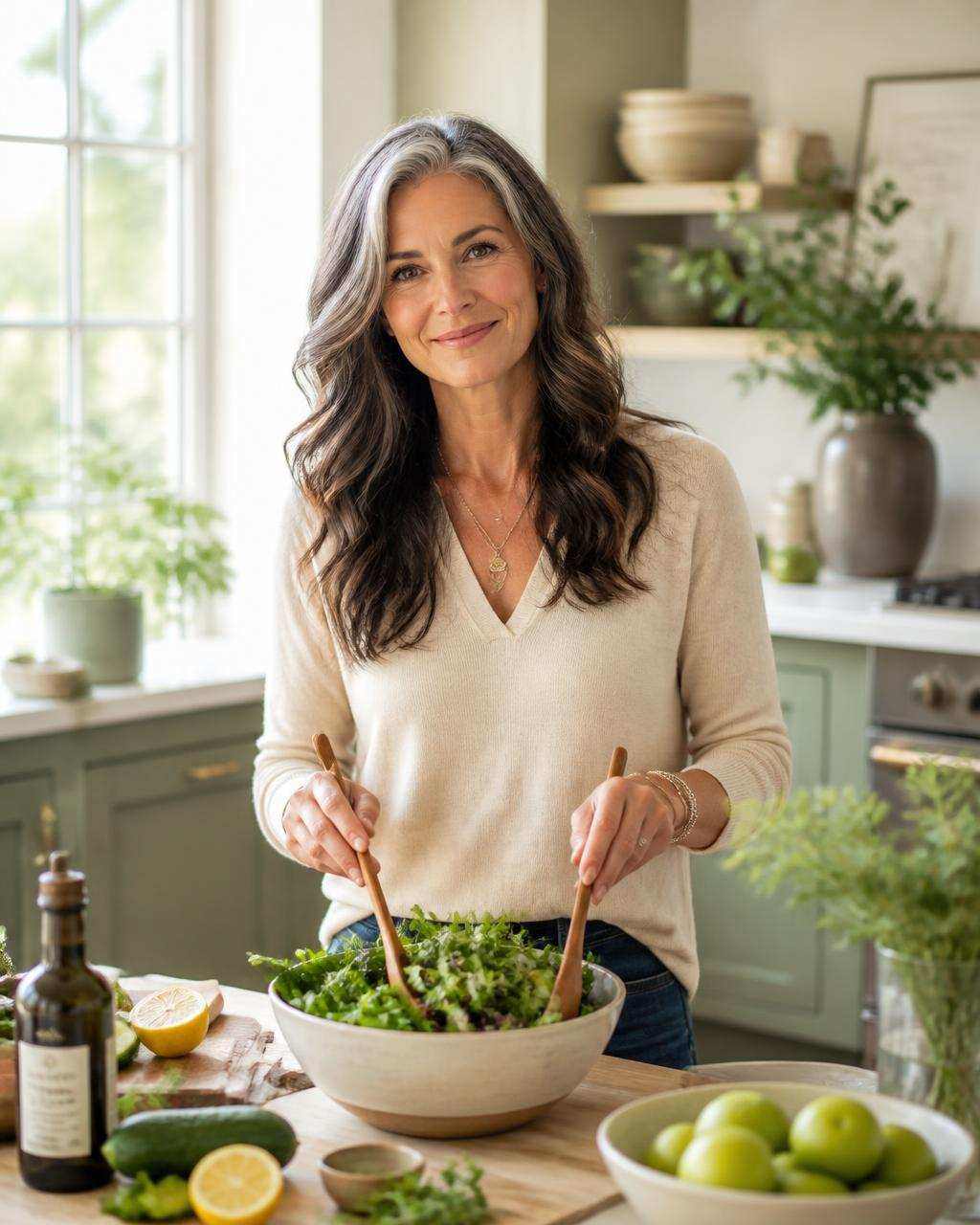 A woman preparing a fresh meal in a bright kitchen
