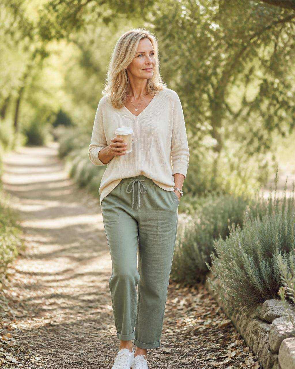 A woman in her fifties walking on a leafy path in the morning light
