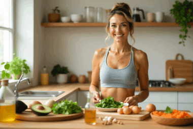 woman in her 40s smiling as she prepares a keto meal