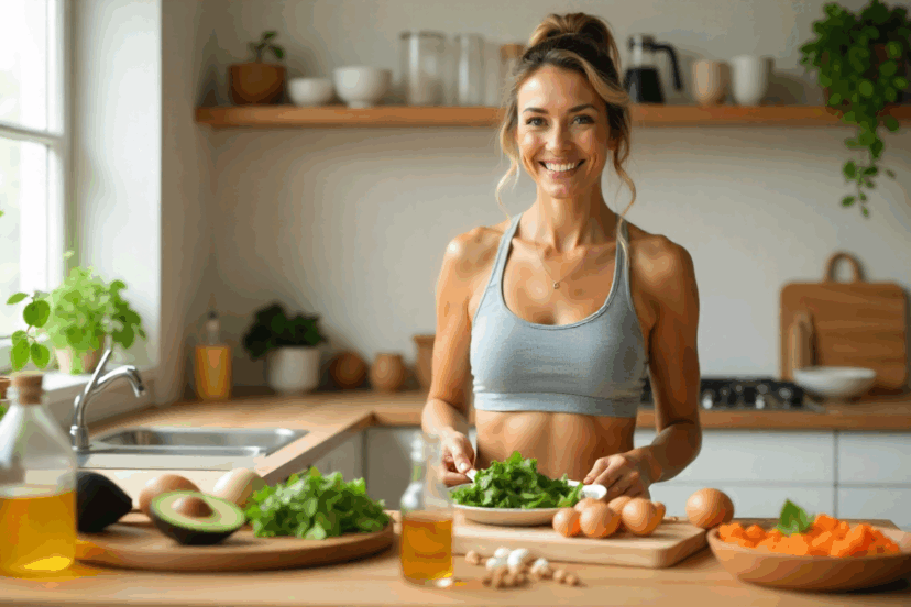 woman in her 40s smiling as she prepares a keto meal