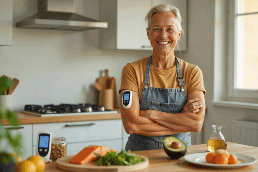 Middle-Aged Diabetic with Keto Foods and Glucose Meter
