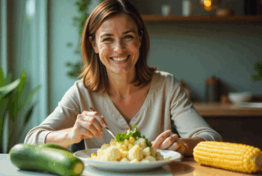 Woman Enjoying Keto-Friendly Corn Alternatives with Cauliflower and Zucchini