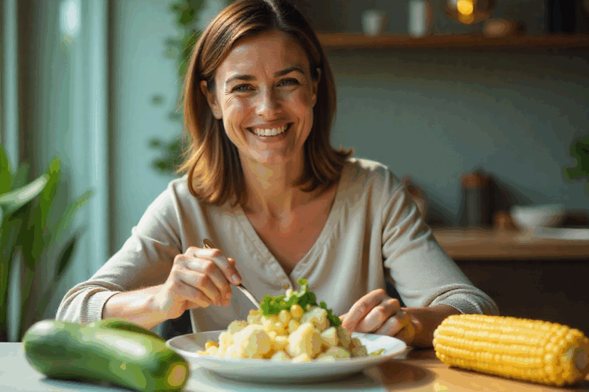 Woman Enjoying Keto-Friendly Corn Alternatives with Cauliflower and Zucchini