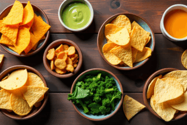A top-down view of keto-friendly chips including cheese crisps, pork rinds, kale chips, zucchini chips, and almond flour tortilla chips, served in small bowls with dips like guacamole and queso on a rustic wooden table. Bright natural lighting, clean health-conscious presentation.