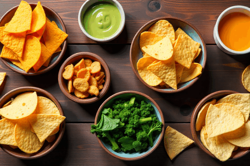 A top-down view of keto-friendly chips including cheese crisps, pork rinds, kale chips, zucchini chips, and almond flour tortilla chips, served in small bowls with dips like guacamole and queso on a rustic wooden table. Bright natural lighting, clean health-conscious presentation.